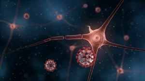 Visualizzazione artistica fotorealistica di neuroni del sistema nervoso centrale con particelle virali simili a SARS-CoV-2 che interagiscono con essi. Illuminazione drammatica, stile film noir, profondità di campo accentuata, obiettivo 35mm.