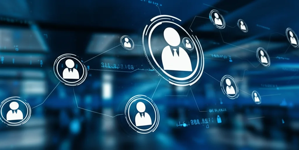 Visualizzazione astratta di dati energetici digitali che fluiscono e si connettono a icone stilizzate di clienti soddisfatti, su uno sfondo tecnologico blu scuro. Stile fotorealistico, focus nitido sui dati, illuminazione controllata con riflessi luminosi.