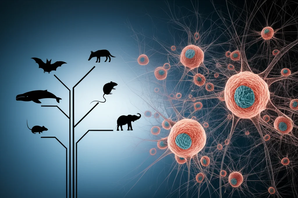 Composizione fotorealistica che mostra un albero filogenetico stilizzato di mammiferi diversi (pipistrello, balena, topo, elefante, umano) sovrapposto a una rappresentazione astratta del sistema immunitario (cellule stilizzate) e di una rete neurale cerebrale. Obiettivo grandangolare 24mm, illuminazione drammatica con contrasti forti, focus nitido sull'interconnessione tra gli elementi, atmosfera scientifica ed evolutiva.