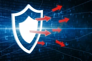 Concetto di sicurezza informatica: uno scudo digitale luminoso che protegge una rete decentralizzata di nodi da frecce rosse stilizzate (attacchi), sfondo astratto blu scuro con linee di codice binarie, obiettivo prime 35mm, profondità di campo ridotta, illuminazione drammatica.
