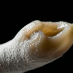 Fotografia macro ad alta definizione di un germe dentale di maialino nano in fase di sviluppo iniziale (stadio di gemma), isolato su sfondo scuro. Illuminazione laterale drammatica che evidenzia la texture e la forma tridimensionale. Lente macro 100mm, focus estremamente preciso sulla struttura cellulare visibile, profondità di campo ridotta.