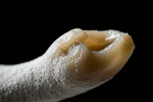 Fotografia macro ad alta definizione di un germe dentale di maialino nano in fase di sviluppo iniziale (stadio di gemma), isolato su sfondo scuro. Illuminazione laterale drammatica che evidenzia la texture e la forma tridimensionale. Lente macro 100mm, focus estremamente preciso sulla struttura cellulare visibile, profondità di campo ridotta.