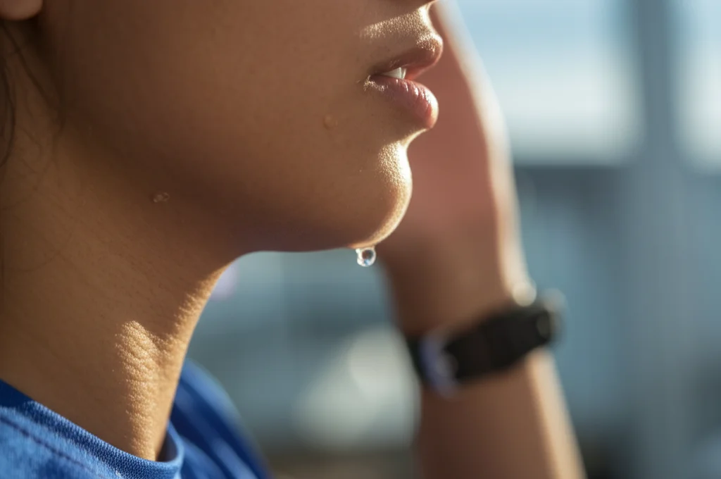 Immagine concettuale di una goccia di sudore ingrandita che rivela strutture molecolari complesse, con una persona che fa esercizio in un ambiente caldo visibile sullo sfondo sfocato, obiettivo macro 100mm, alta definizione, illuminazione controllata.