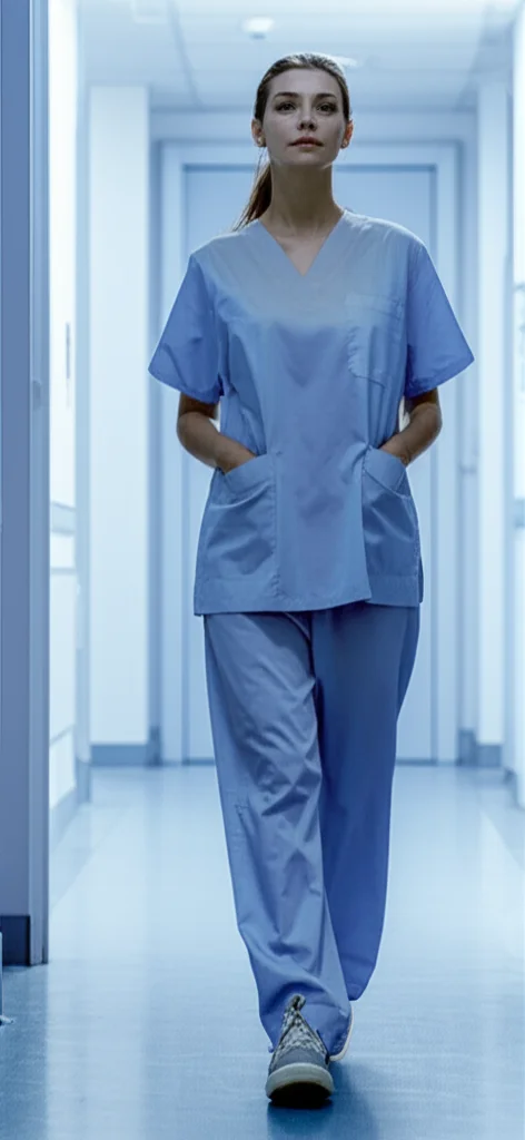 Immagine concettuale fotorealistica: una doppia esposizione che sovrappone la figura di un'infermiera in camice che cammina lungo un corridoio di una casa di riposo con un'altra immagine della stessa infermiera in un corridoio simile ma leggermente diverso (altra casa di riposo). L'effetto suggerisce il movimento e la connessione tra i due ambienti. Prime lens, 35mm, depth of field, duotone blu e grigio per un'atmosfera seria ma umana.