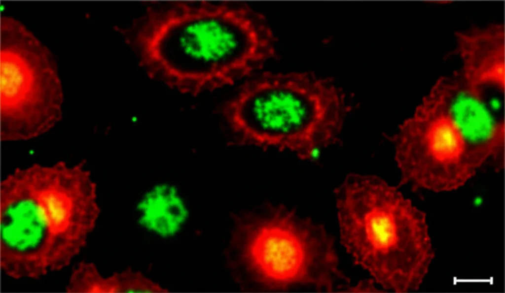 Immagine macro ad alta definizione di cellule staminali tumorali del polmone in coltura 3D (tumorsfere), con evidenziazione fluorescente della proteina SIGMAR1 su alcune cellule. Obiettivo macro 100mm, illuminazione controllata per dettaglio preciso, sfondo scuro per risaltare la fluorescenza.