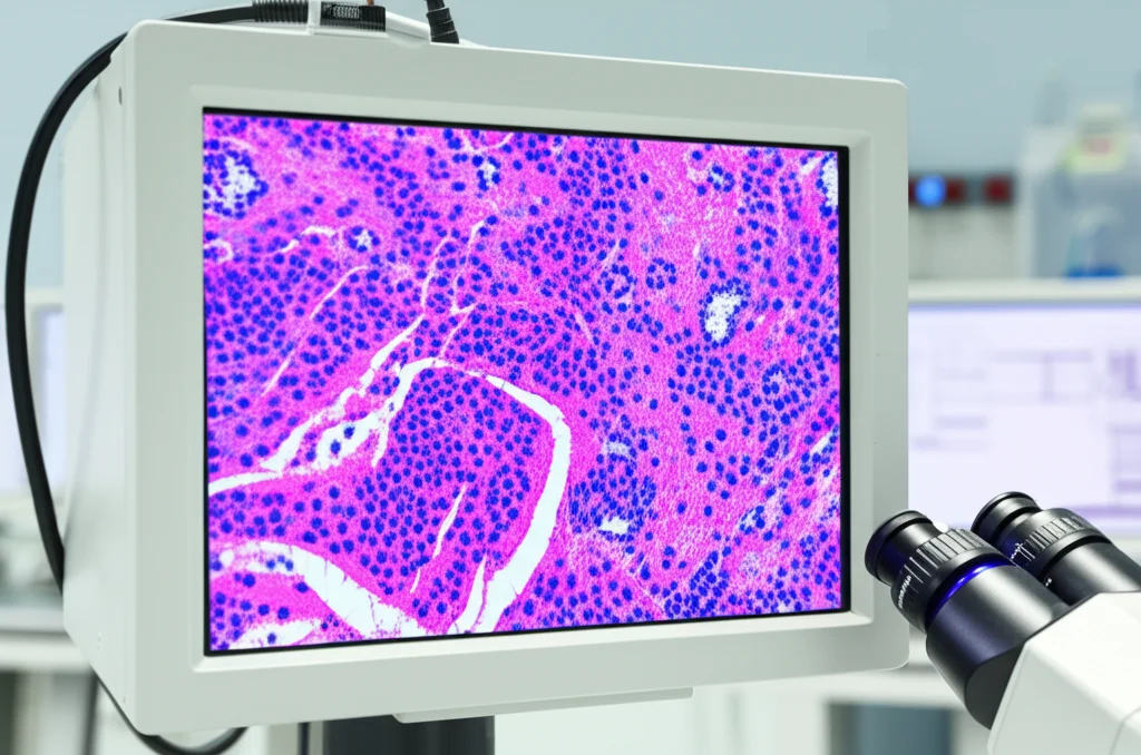 Microscopio digitale avanzato in un laboratorio di patologia moderno, con uno schermo ad alta risoluzione che mostra un'immagine digitale di un vetrino di tessuto mammario colorato con Ematossilina ed Eosina (HeE), evidenziando le cellule tumorali con diversi gradi di atipia nucleare e strutture tubulari. Luce controllata e brillante, alta definizione dei dettagli cellulari, obiettivo macro 100mm per una vista dettagliata.