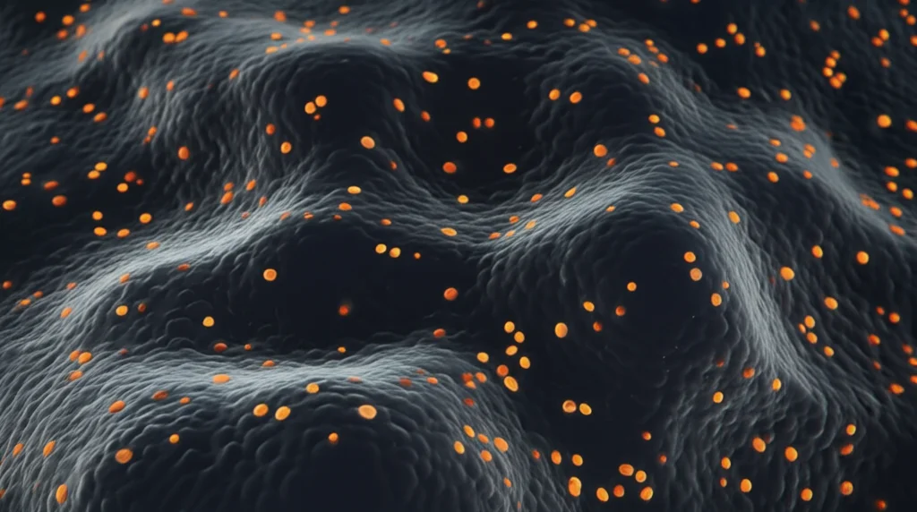 Primo piano macro di cellule staminali illuminate da una luce soffusa su sfondo scuro, alta definizione, messa a fuoco precisa, obiettivo macro 90mm, che simboleggia la speranza nella ricerca medica per la leucemia.