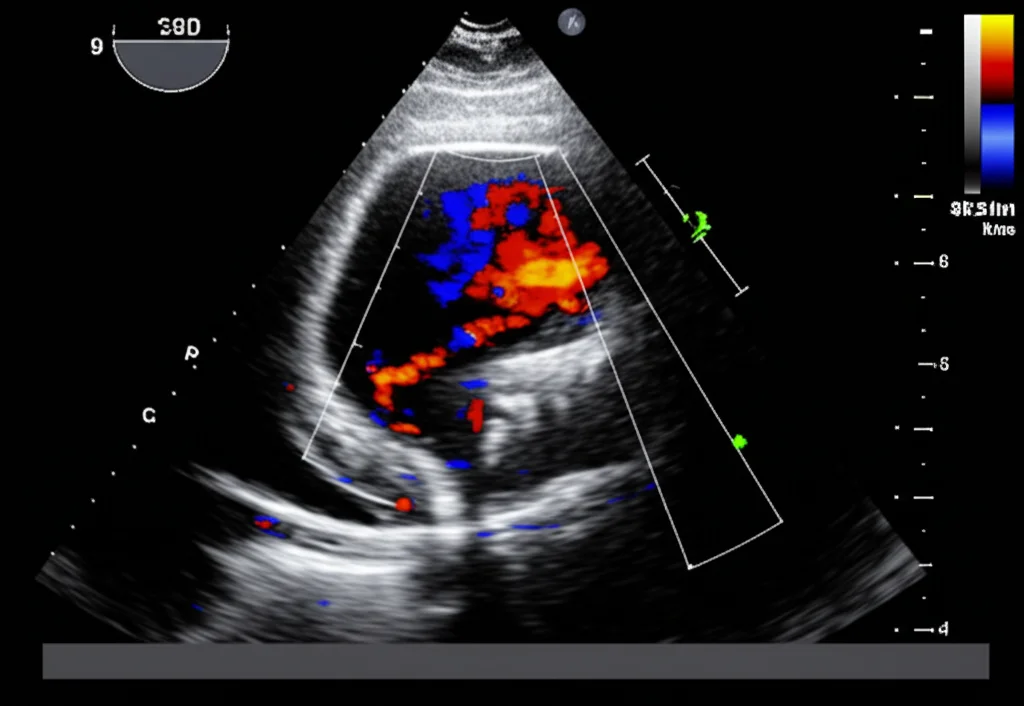 Visualizzazione ecocardiografica dettagliata del cuore, specificamente focalizzata sulla misurazione del TAPSE (Tricuspid Annular Plane Systolic Excursion) al livello dell'anello tricuspidale. L'immagine mostra chiaramente le strutture cardiache coinvolte, con un cursore M-mode posizionato per la misurazione. Ambiente clinico di terapia intensiva suggerito sullo sfondo. Lente macro 100mm, alta definizione, illuminazione controllata per massima chiarezza diagnostica.