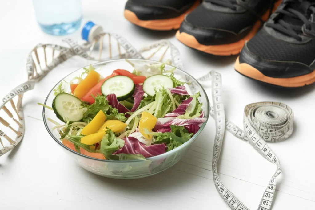 Composizione still life con elementi di uno stile di vita sano: un piatto di insalata fresca e colorata, un paio di scarpe da ginnastica, una borraccia d'acqua e un metro da sarta accanto a un modello stilizzato di DNA. Macro lens 85mm, high detail, precise focusing, controlled lighting, sfondo neutro e luminoso.