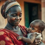 Fotografia di ritratto realistica di una madre nigeriana che tiene amorevolmente in braccio il suo bambino piccolo fuori da una semplice clinica sanitaria rurale nel Nord Nigeria. La luce è calda e naturale, mettendo in risalto l'espressione premurosa della madre. Utilizzo di un obiettivo da 35mm con profondità di campo per sfocare leggermente lo sfondo. Un sottile effetto duotone con marrone terra e blu tenue aggiunge un tocco emotivo. Photorealistic.