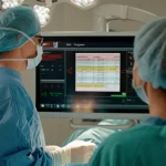 Fotografia di un team medico interprofessionale (chirurgo, anestesista, infermiere) in una sala operatoria pediatrica moderna, che collabora attorno a uno schermo che mostra una cartella clinica elettronica. Luce controllata, focus nitido sullo schermo e sulle interazioni del team, obiettivo prime 35mm, profondità di campo.