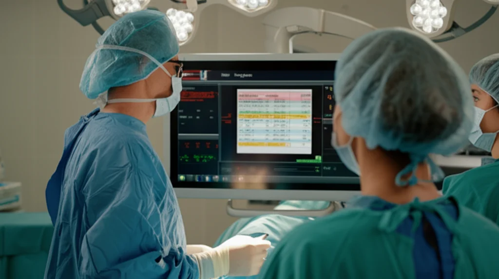 Fotografia di un team medico interprofessionale (chirurgo, anestesista, infermiere) in una sala operatoria pediatrica moderna, che collabora attorno a uno schermo che mostra una cartella clinica elettronica. Luce controllata, focus nitido sullo schermo e sulle interazioni del team, obiettivo prime 35mm, profondità di campo.