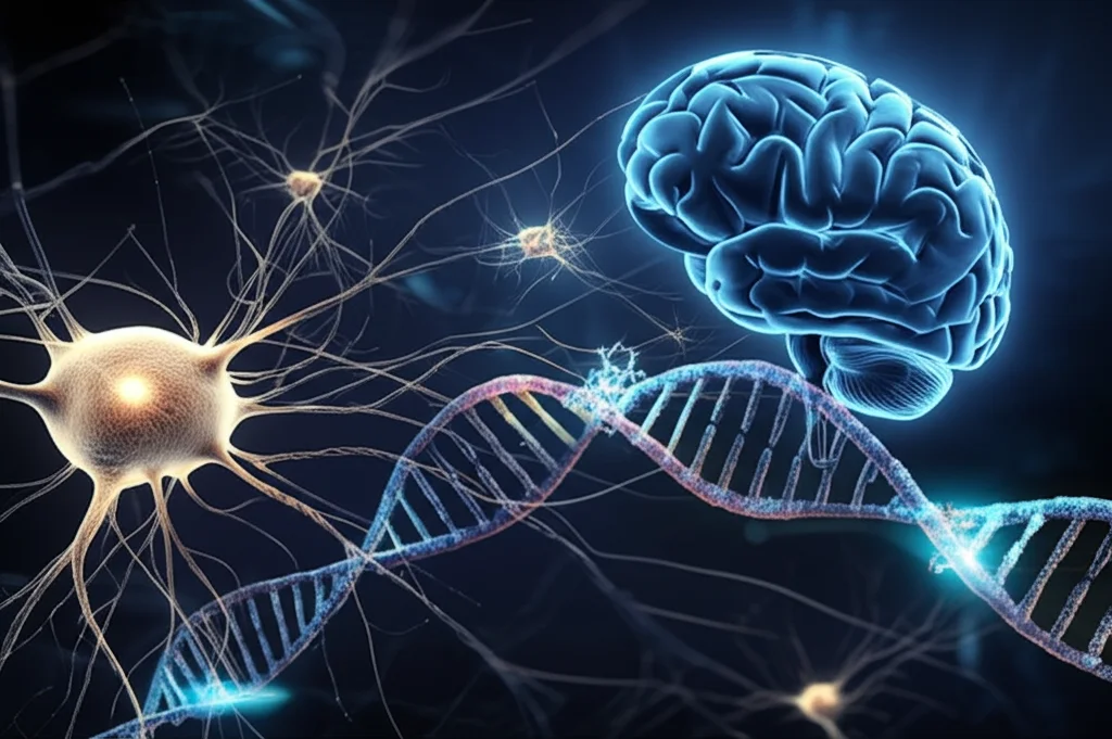 Illustrazione concettuale fotorealistica dell'asse molecolare LINC00641/miR-323a-3p/EIF4G2 all'interno di un neurone stilizzato, con molecole di RNA rappresentate come filamenti luminosi interagenti, sfondo cerebrale astratto, Prime lens 35mm, profondità di campo, duotone blu e oro.