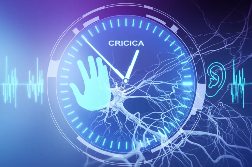 Immagine concettuale astratta che rappresenta l'integrazione azione-effetto nel cervello. Si vedono percorsi neurali stilizzati che collegano un'area motoria (simboleggiata da una mano) a un'area uditiva (simboleggiata da un orecchio/onda sonora), con un elemento grafico che indica una finestra temporale critica (es. un timer o un intervallo evidenziato). Colori duotone (es. viola e ciano), profondità di campo, stile leggermente futuristico ma pulito.