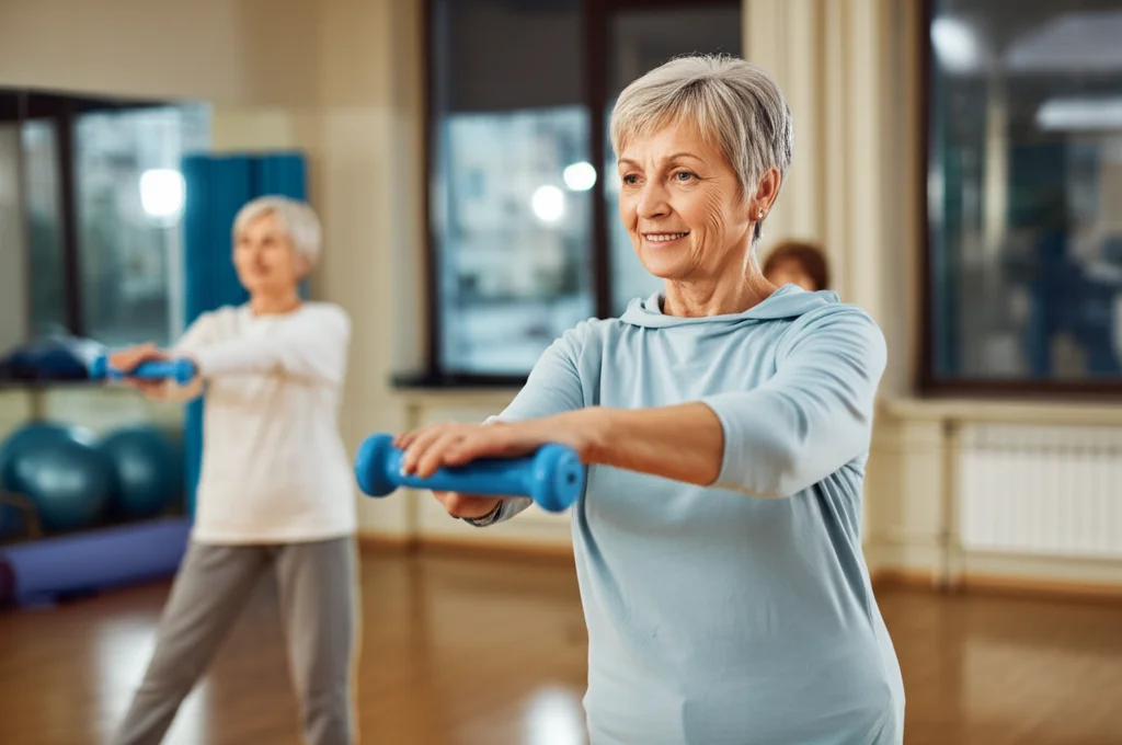 Immagine fotorealistica di una donna anziana sorridente che partecipa a una lezione di ginnastica dolce in palestra, luce calda e accogliente, prime lens 35mm, depth of field per sfocare leggermente lo sfondo e mettere a fuoco la donna.