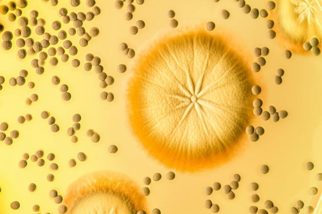 Macro fotografia di colonie fungine di Aspergillus fumigatus su una piastra di Petri in laboratorio, illuminazione controllata, messa a fuoco precisa sui dettagli delle ife e delle spore conidiogene, obiettivo macro 90mm, alta definizione.