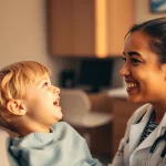 Ritratto empatico di un dentista pediatrico che sorride rassicurante a un bambino un po' ansioso sulla poltrona dentistica, luce calda e accogliente, 35mm portrait, profondità di campo per mettere a fuoco l'interazione tra dentista e paziente.