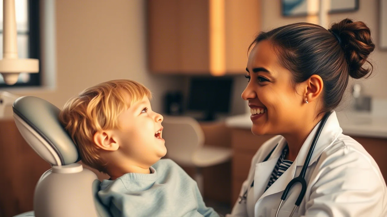 Ritratto empatico di un dentista pediatrico che sorride rassicurante a un bambino un po' ansioso sulla poltrona dentistica, luce calda e accogliente, 35mm portrait, profondità di campo per mettere a fuoco l'interazione tra dentista e paziente.