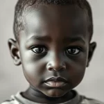 Ritratto fotorealistico e toccante di un bambino sudafricano, sguardo diretto verso la camera, ambientazione neutra ma che suggerisce un contesto difficile, obiettivo prime 50mm, bianco e nero con leggero contrasto, profondità di campo per evidenziare l'espressione del bambino.