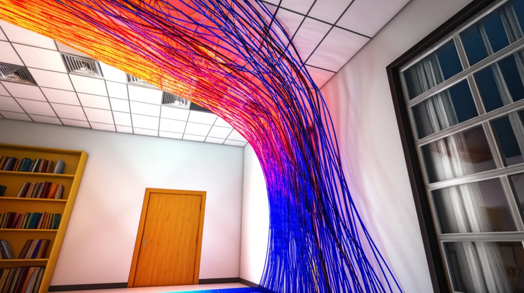 Simulazione CFD fotorealistica che mostra l'interazione complessa tra fumo caldo (rosso/arancione) proveniente da un incendio in una stanza e i flussi d'aria (blu/ciano) gestiti da un sistema HVAC moderno con condotti e serrande visibili a soffitto in un edificio tipo scuola/ufficio, visualizzazione 3D dettagliata, focus sulla dinamica dei fluidi.