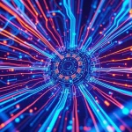 Visualizzazione astratta e futuristica di flussi luminosi di big data (linee blu elettrico e arancione) che convergono e interagiscono attorno a un nucleo centrale complesso, rappresentante un modello di affidabilità software. Scena digitale ad alta definizione, obiettivo grandangolare 24mm per dare un senso di vastità.