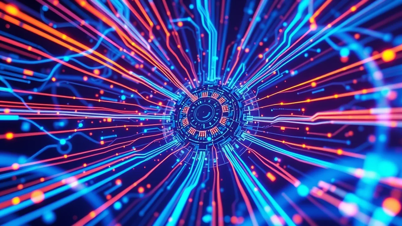 Visualizzazione astratta e futuristica di flussi luminosi di big data (linee blu elettrico e arancione) che convergono e interagiscono attorno a un nucleo centrale complesso, rappresentante un modello di affidabilità software. Scena digitale ad alta definizione, obiettivo grandangolare 24mm per dare un senso di vastità.