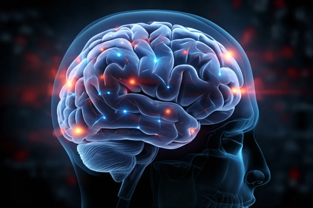 Visualizzazione concettuale astratta del cervello umano con percorsi neurali luminosi blu che si rigenerano attraversando aree prima infiammate (rappresentate da sfumature rosse/arancioni in dissolvenza), simboleggiando la neuroprotezione e il ripristino dell'omeostasi cerebrale. Stile cinematografico con profondità di campo, colori vibranti e contrastati.