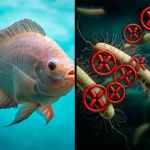 Immagine concettuale: a sinistra, una vibrante tilapia del Nilo nuota in acqua limpida e sana; a destra, una rappresentazione stilizzata ma minacciosa del batterio Pseudomonas aeruginosa con simboli rossi di resistenza agli antibiotici che lo circondano. Illuminazione drammatica che separa il lato sano da quello minacciato, profondità di campo, obiettivo 50mm, stile fotorealistico.