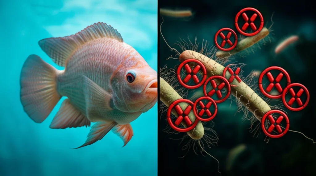 Immagine concettuale: a sinistra, una vibrante tilapia del Nilo nuota in acqua limpida e sana; a destra, una rappresentazione stilizzata ma minacciosa del batterio Pseudomonas aeruginosa con simboli rossi di resistenza agli antibiotici che lo circondano. Illuminazione drammatica che separa il lato sano da quello minacciato, profondità di campo, obiettivo 50mm, stile fotorealistico.