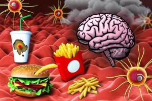 Immagine concettuale fotorealistica che illustra la connessione tra una dieta ricca di grassi (simboleggiata da cibo spazzatura come hamburger e patatine), stress cronico (rappresentato da un cervello stilizzato sotto pressione o con nuvole scure) e alterazioni a livello cellulare nel cervello (astrociti che cambiano forma o colore da 'sano' a 'infiammato' tipo A1). L'immagine dovrebbe avere una profondità di campo ridotta, mettendo a fuoco l'interazione tra questi elementi. Obiettivo prime 35mm, illuminazione drammatica ma chiara.