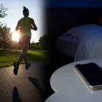 Immagine concettuale fotorealistica che mostra una persona che fa jogging all'alba in un parco (simbolo di esercizio fisico e benessere) con una transizione sfumata verso una camera da letto serena e buia dove la stessa persona dorme profondamente (simbolo di sonno di qualità), uno smartphone spento è visibile sul comodino. Obiettivo grandangolare 20mm per catturare sia la scena esterna che quella interna in modo evocativo, luce naturale morbida dell'alba che contrasta con l'oscurità riposante della stanza, messa a fuoco nitida su entrambi gli elementi chiave.