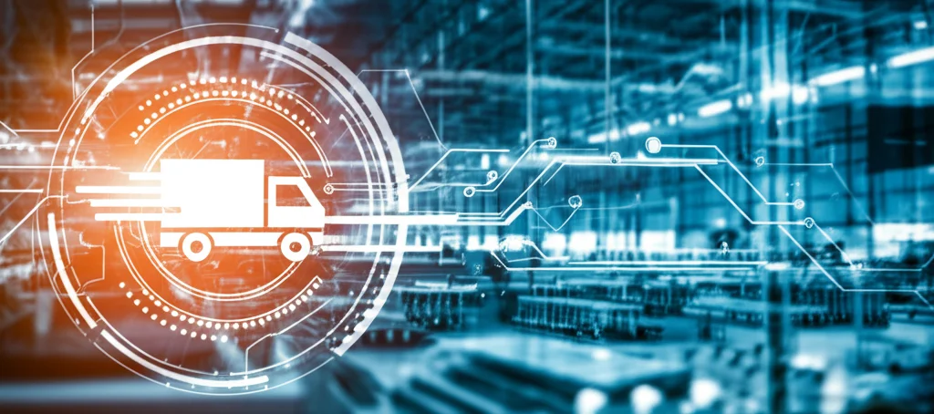 Immagine concettuale high-tech di un cervello digitale luminoso sovrapposto a una rete di collegamenti sfumati (fuzzy) che convergono verso un'icona di un camion per le consegne, ambientata in un magazzino moderno e automatizzato. Stile fotorealistico, profondità di campo, luci blu e arancioni duotone.