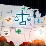Immagine fotorealistica, obiettivo grandangolare 24mm, che mostra una mappa stilizzata degli Stati Uniti con diverse icone luminose che rappresentano comunità diverse (urbane, rurali, indigene, costiere) collegate da linee energetiche a un simbolo centrale di una bilancia della giustizia, sovrapposto a un grafico climatico astratto sullo sfondo. Luce drammatica al tramonto, focus nitido sull'insieme.