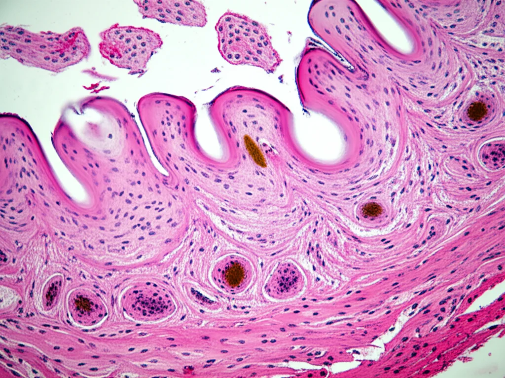 Macro fotografia, 80mm lens, di una sezione di tessuto gengivale sotto un microscopio, evidenziando le cellule epiteliali in superficie e il tessuto connettivo sottostante con infiltrazione di cellule immunitarie (alcune evidenziate con colorazione immunoistochimica per IL-37, magari in marrone). High detail, precise focusing, controlled lighting simulando condizioni di laboratorio.