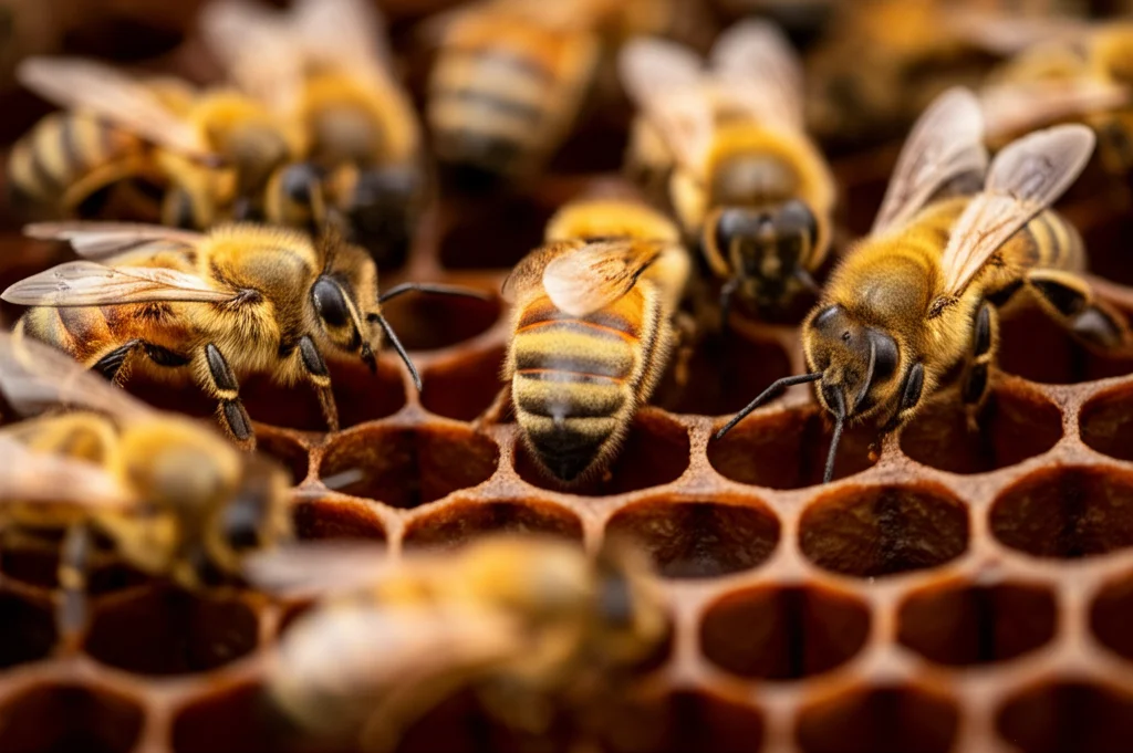 Primo piano dettagliato di diverse api mellifere su un favo esagonale. Un'ape al centro è chiaramente impegnata nella danza scodinzolante, riconoscibile dalla forma a otto del suo percorso immaginario e dal movimento vibrante dell'addome. Le api circostanti sono rivolte verso di lei, alcune con le antenne protese, mostrando attenzione. L'illuminazione è calda e controllata per esaltare i dettagli dorati delle api e la texture cerosa del favo. Obiettivo macro 70mm, alta definizione, profondità di campo ridotta per isolare la scena centrale.