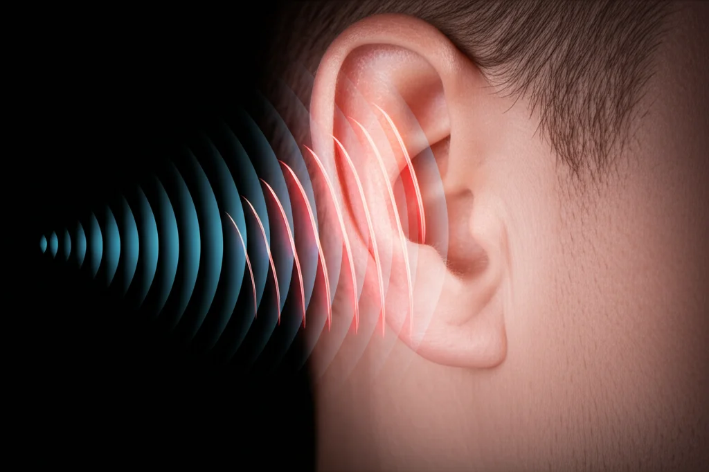 Primo piano fotorealistico di un orecchio umano con onde sonore stilizzate che emanano verso una mascella tesa, illuminazione controllata, obiettivo macro 60mm, alta definizione, a simboleggiare il legame tra acufene e disturbi orofacciali.