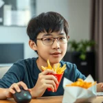 Un adolescente cinese seduto alla scrivania davanti a un computer acceso, con una mano sul mouse e l'altra che porta alla bocca una patatina fritta da un sacchetto; espressione concentrata sullo schermo. Fotografia ritratto, obiettivo 50mm, profondità di campo media, luce ambientale proveniente dalla finestra laterale, colori naturali.