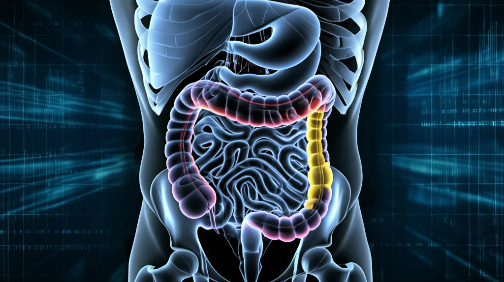 Visualizzazione 3D fotorealistica e high-tech di una TAC addominale umana con segmentazioni colorate generate dall'intelligenza artificiale che evidenziano muscoli (rosso), grasso viscerale (giallo), grasso sottocutaneo (blu) e organi interni. Sfondo scuro astratto con linee di dati digitali. Obiettivo 50mm, illuminazione da studio controllata.