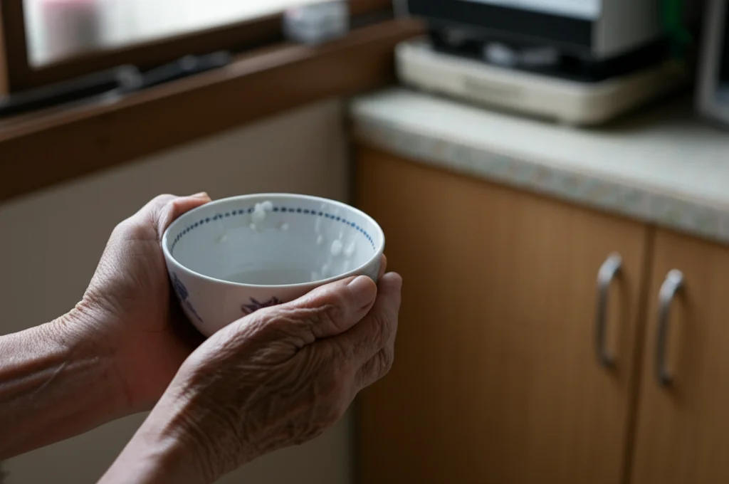 Fotografia realistica di mani anziane e rugose che tengono delicatamente una piccola ciotola di riso vuota. Luce naturale soffusa proveniente da una finestra laterale, obiettivo 50mm, profondità di campo che sfoca leggermente lo sfondo di una modesta cucina coreana, mettendo a fuoco le mani e la ciotola vuota per simboleggiare la scarsità.