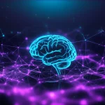 Illustrazione futuristica di un cervello AI stilizzato che analizza simultaneamente grafici temporali che si estendono in lunghezza e reti di nodi variabili interconnesse, simboleggiando la dipendenza variato-temporale catturata da VTformer. Wide-angle lens, 15mm, sharp focus, illuminazione high-tech con duotone blu neon e viola, sfondo scuro astratto.