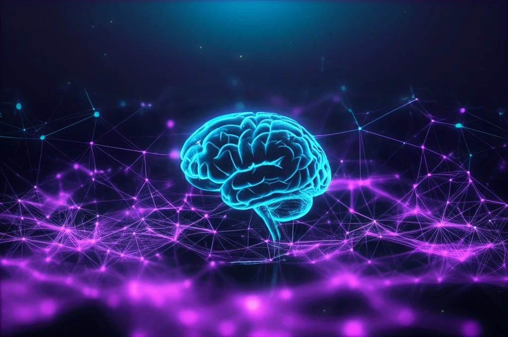 Illustrazione futuristica di un cervello AI stilizzato che analizza simultaneamente grafici temporali che si estendono in lunghezza e reti di nodi variabili interconnesse, simboleggiando la dipendenza variato-temporale catturata da VTformer. Wide-angle lens, 15mm, sharp focus, illuminazione high-tech con duotone blu neon e viola, sfondo scuro astratto.