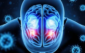 Immagine concettuale del cervello umano visto dall'alto, con alcune aree (lobi frontali) evidenziate da una luce bluastra che simboleggia l'attività cognitiva o le aree colpite. Sfondo scuro e astratto con particelle simili a virus sfocate. Obiettivo macro 100mm, alta definizione, illuminazione controllata drammatica per focalizzare sulle aree cerebrali evidenziate.