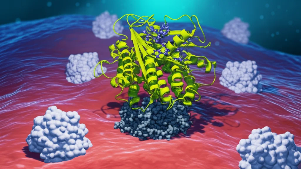 Immagine concettuale fotorealistica, obiettivo prime 35mm, profondità di campo, che illustra l'interazione tra la proteina CagA di Helicobacter pylori (visualizzata come struttura molecolare o segnale) e il complesso dell'inflammasoma NLRP3 all'interno di una cellula gastrica, portando all'infiltrazione di cellule immunitarie (mostrate sottilmente sullo sfondo) legate al cancro gastrico. Illuminazione drammatica e controllata.