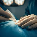 Immagine concettuale fotorealistica: una mano guantata da chirurgo applica delicatamente un gel traslucido (SVF-gel) su un'area cutanea preparata per un innesto, sfondo sfocato di sala operatoria, luce chirurgica intensa ma diffusa, focus sull'interazione tra gel e pelle, lente prime 35mm, profondità di campo.