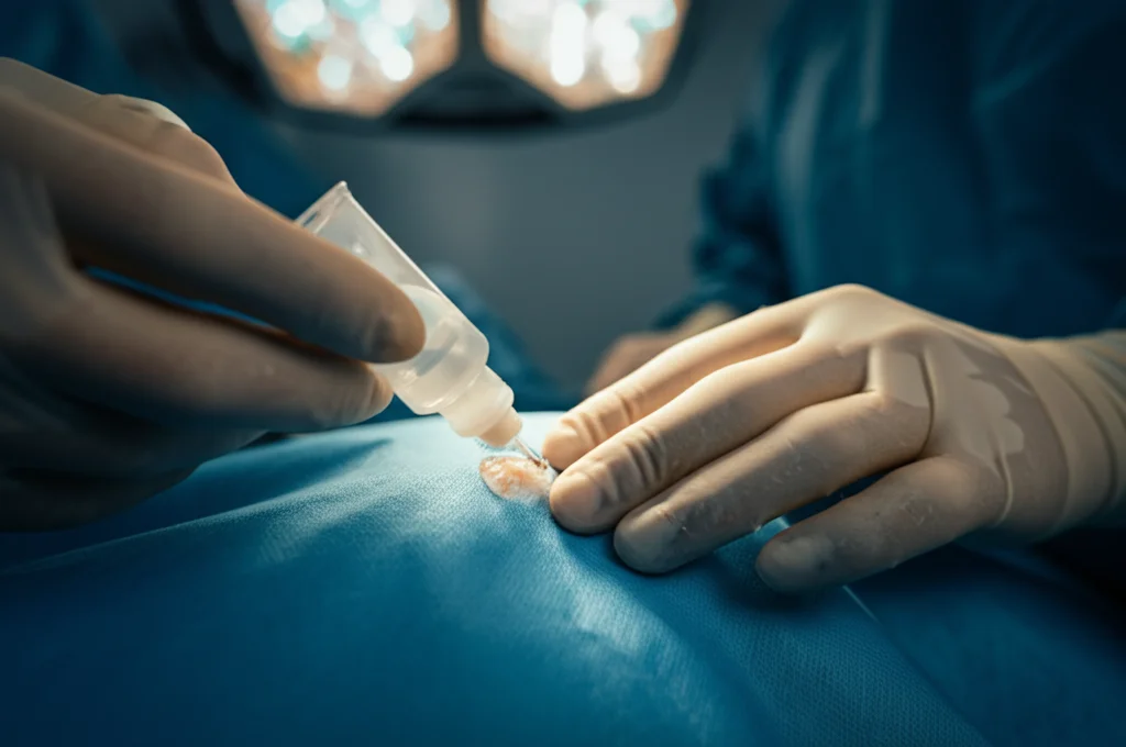Immagine concettuale fotorealistica: una mano guantata da chirurgo applica delicatamente un gel traslucido (SVF-gel) su un'area cutanea preparata per un innesto, sfondo sfocato di sala operatoria, luce chirurgica intensa ma diffusa, focus sull'interazione tra gel e pelle, lente prime 35mm, profondità di campo.
