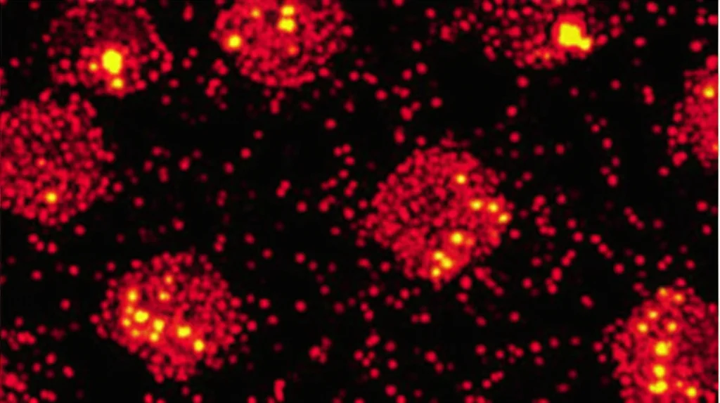 Immagine macro fotorealistica, scattata con obiettivo 90mm, che mostra nanoparticelle Ag2S Quantum Dots brillanti di luce NIR-II (rappresentata come un bagliore rossastro/infrarosso) che interagiscono con cellule stilizzate di cancro al seno. L'illuminazione è controllata per creare un forte contrasto e dettaglio, mettendo in risalto la duplice funzione di terapia (le cellule tumorali appaiono danneggiate dal calore) e tracciamento (il bagliore delle nanoparticelle).