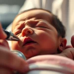 Primo piano di un neonato che respira con un po' di fatica, visitato da un medico con uno stetoscopio, luce calda e rassicurante, obiettivo 50mm, profondità di campo per sfocare lo sfondo.