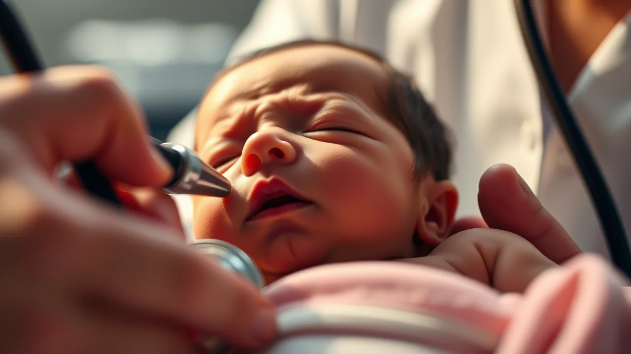Primo piano di un neonato che respira con un po' di fatica, visitato da un medico con uno stetoscopio, luce calda e rassicurante, obiettivo 50mm, profondità di campo per sfocare lo sfondo.