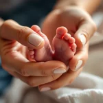 Primo piano sulle mani di una madre che tengono delicatamente i piedini minuscoli di un neonato pretermine. La scena trasmette amore, cura e la fragilità della vita prematura, con una luce calda e soffusa. Obiettivo prime 50mm, profondità di campo ridotta per enfatizzare il contatto, toni caldi.