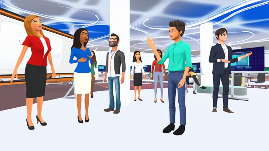 Un gruppo diversificato di avatar di insegnanti e studenti che interagiscono in un'aula virtuale luminosa e moderna sulla piattaforma Virbela, alcuni seduti, altri in piedi vicino a una lavagna virtuale, fotografia grandangolare 24mm, colori vividi, focus nitido sull'interazione.